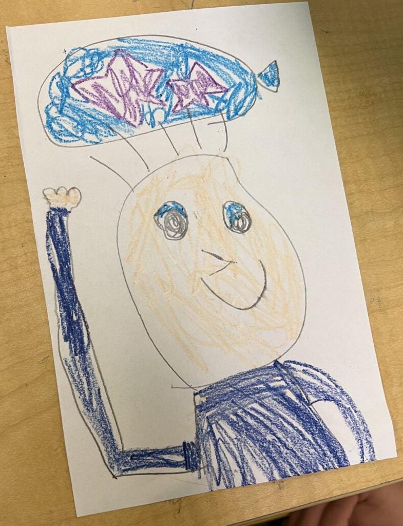 Student illustration with blue balloon creating static electricity and raising hair on their head